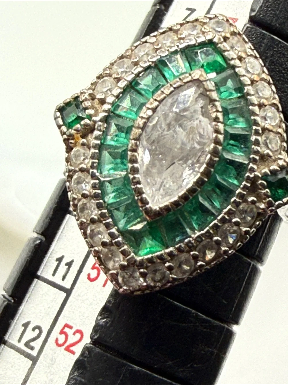 Emerald color Halo Marquise Ring Green & White art deco Statement 925 stamp Sz 5
